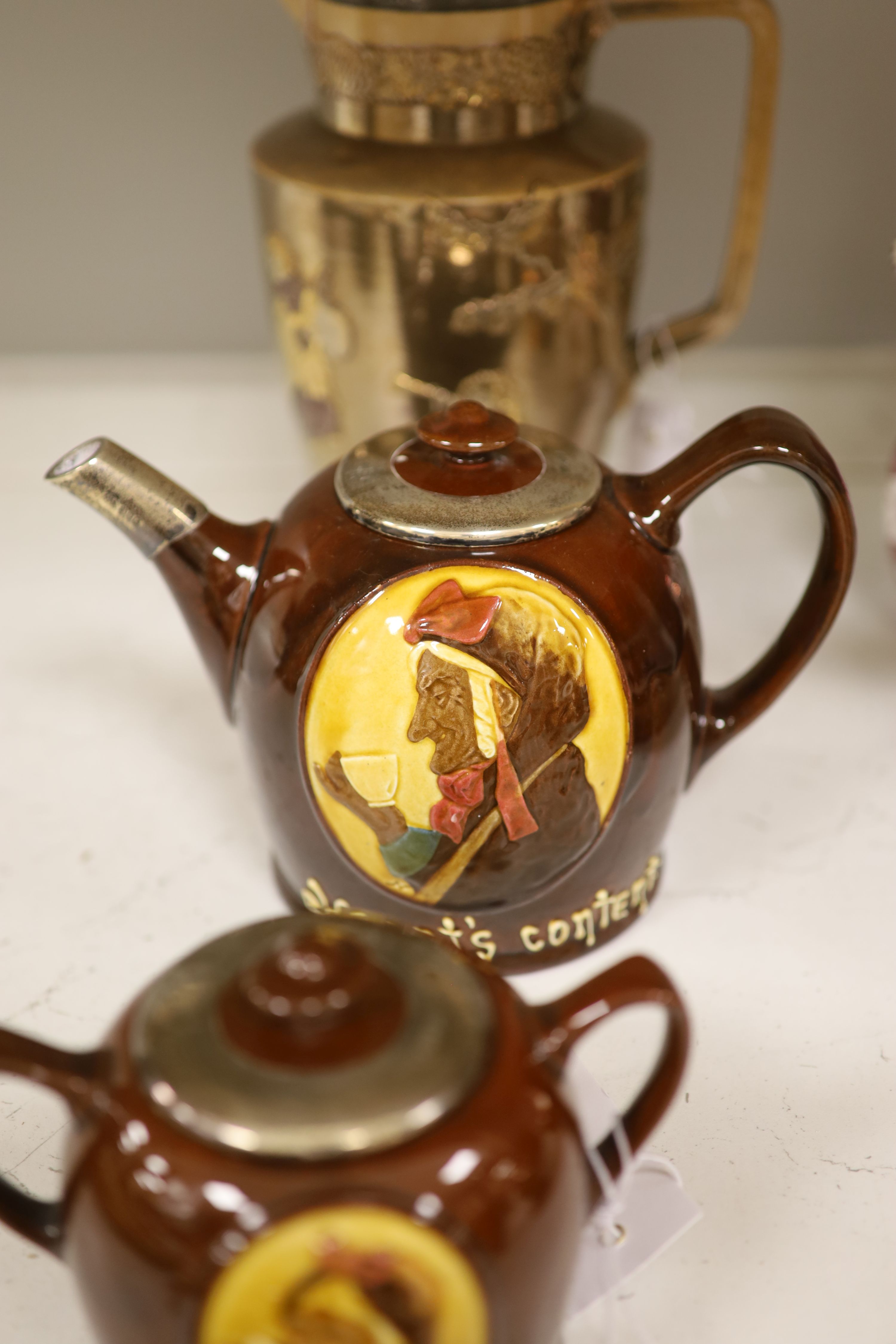 A Royal Doulton silver mounted Hearts Content tea service, and a Doulton Japanese inspired silver mounted jug, assorted lustre jugs